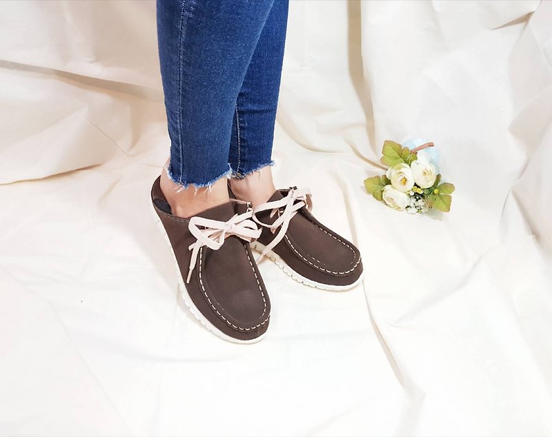 [3M Waterproof Leather] Japanese Suede QQ Elastic Big Toe Kangaroo Shoes-Coffee Large Size - รองเท้าหนังผู้หญิง - หนังแท้ 