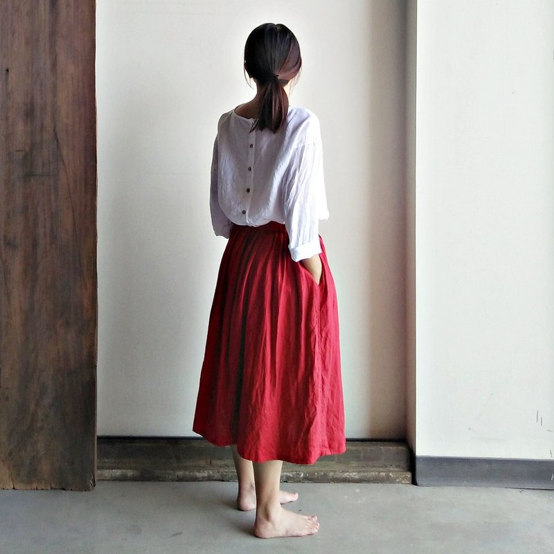 Discounted long skirt linen red - กระโปรง - ผ้าฝ้าย/ผ้าลินิน สีแดง