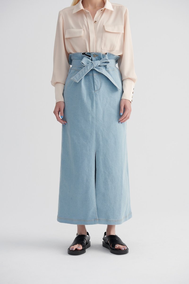 Shan Yong Light Blue High Waist Tailored Denim Long Slit Maxi Dress - Skirts - Cotton & Hemp 