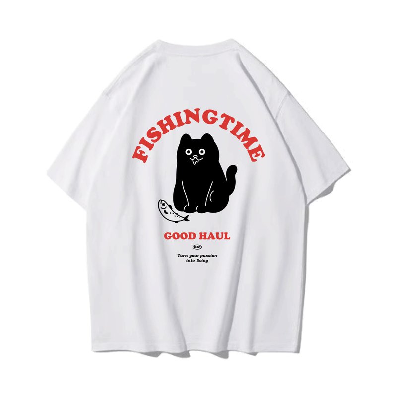 Fishing Cat Saliva Cat unisex short-sleeved T-shirt 7 colors unisex fishing club - เสื้อผู้หญิง - ผ้าฝ้าย/ผ้าลินิน สีน้ำเงิน