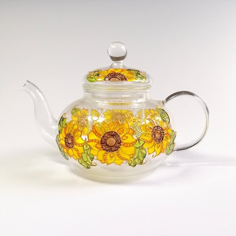 Sunflower glass teapot with infuser hand painted Yellow flower tea kettle - 茶壺/茶杯/茶具 - 玻璃 黃色