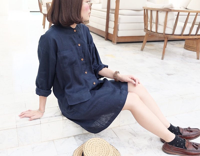 微高領透氣連身裙-KikO Dress - 洋裝/連身裙 - 棉．麻 藍色