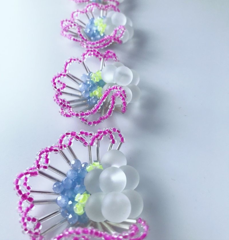 71021 *** miwaku　——　Frill bead earrings ___ C. lightblue *pink - ต่างหู - แก้ว สึชมพู