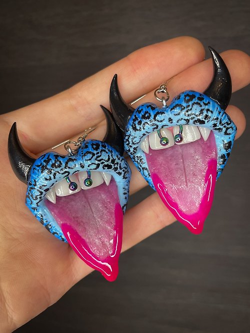Polymer Diary Earrings. Blue lips with pink saliva.