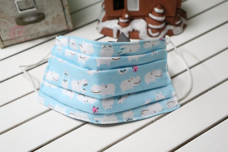 Sky blue hippo quadruple yarn three-dimensional environmental protection mask can be washed and used repeatedly (children to adults) - หน้ากาก - ผ้าฝ้าย/ผ้าลินิน สีน้ำเงิน