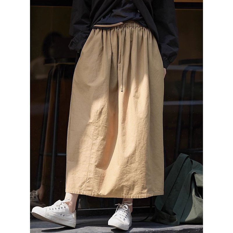 Khaki cotton-twill elasticated-waist A-line midi skirt - กระโปรง - ผ้าฝ้าย/ผ้าลินิน 