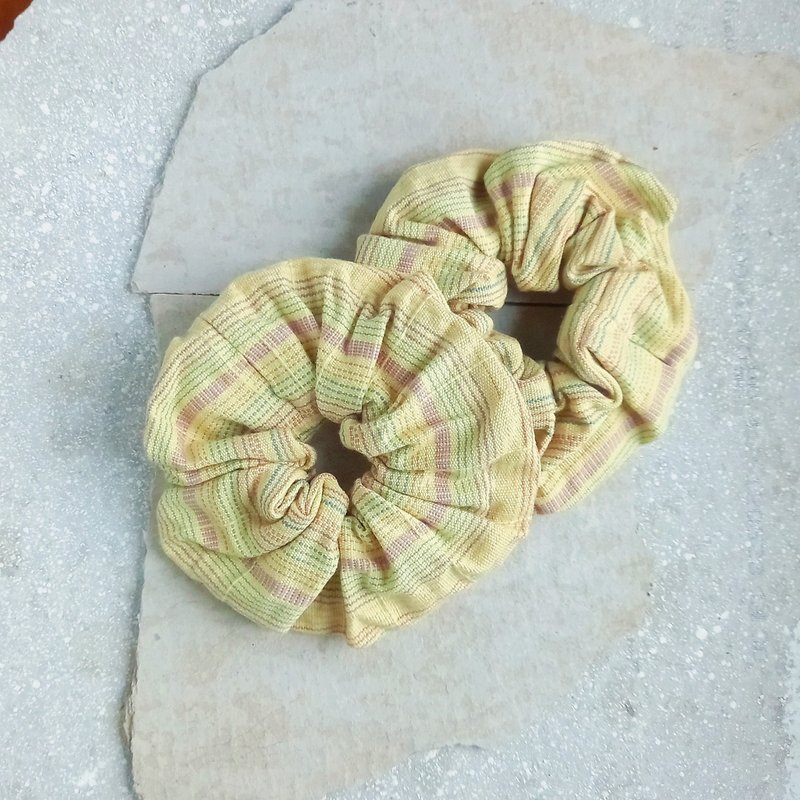 1 hand-woven plant-dyed cotton scrunchie / Mango yellow with horizontal lines / Comes with a hair tie replacement opening / Karen tribe traditional folk craft - Hair Accessories - Cotton & Hemp Yellow