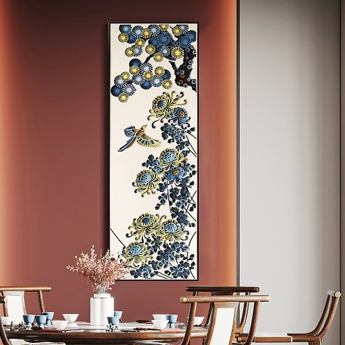 梯木疊雕 梯木疊雕-松菊延年|新中式禪意創意茶室背景牆裝潢客廳壁畫3d立體