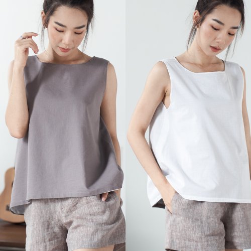 Candith Natural Linen and Cotton Sleeveless Reversible Top - Pale Brown/White