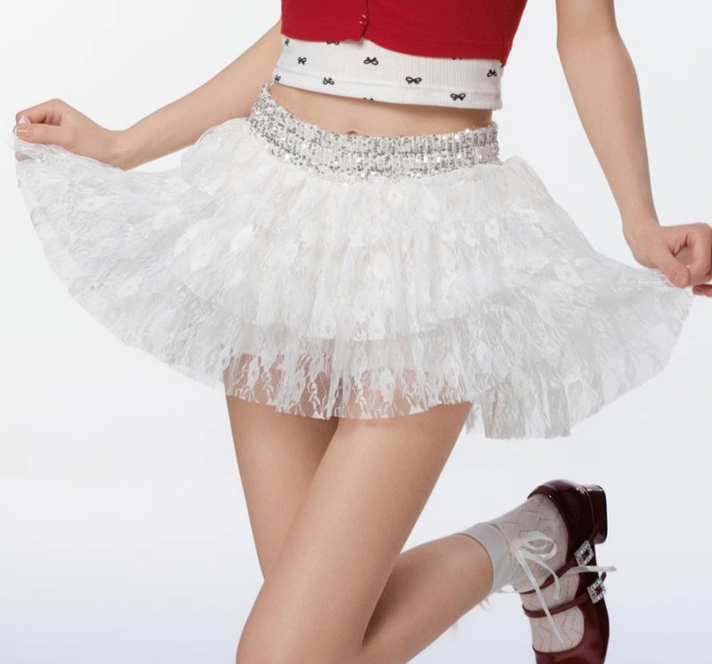 White lace splicing sequined puffy skirt short skirt ballet cake skirt - กางเกงขาสั้น - วัสดุอื่นๆ ขาว