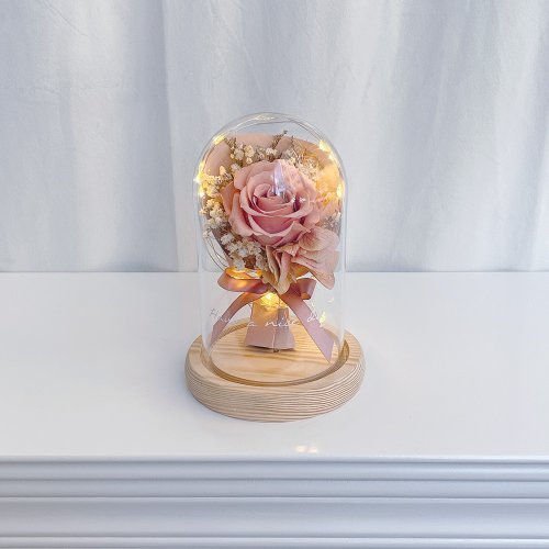WEIWEI FLOWER 威威花藝設計 情人節禮物/客製化禮物 LED玫瑰小花束永生花玻璃鐘罩-莫蘭迪粉