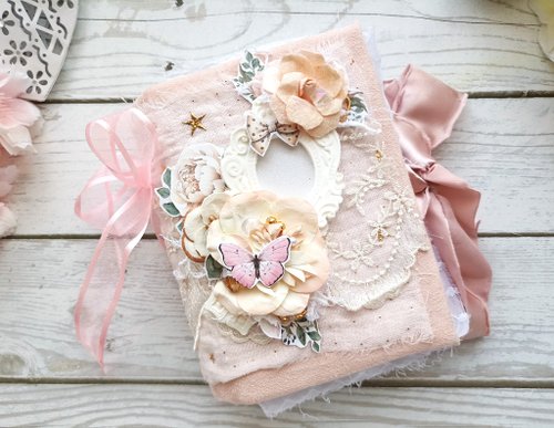 junkjournals Pink Fabric Lace junk journal handmade Elegant woman dairy Lace flowers notebook