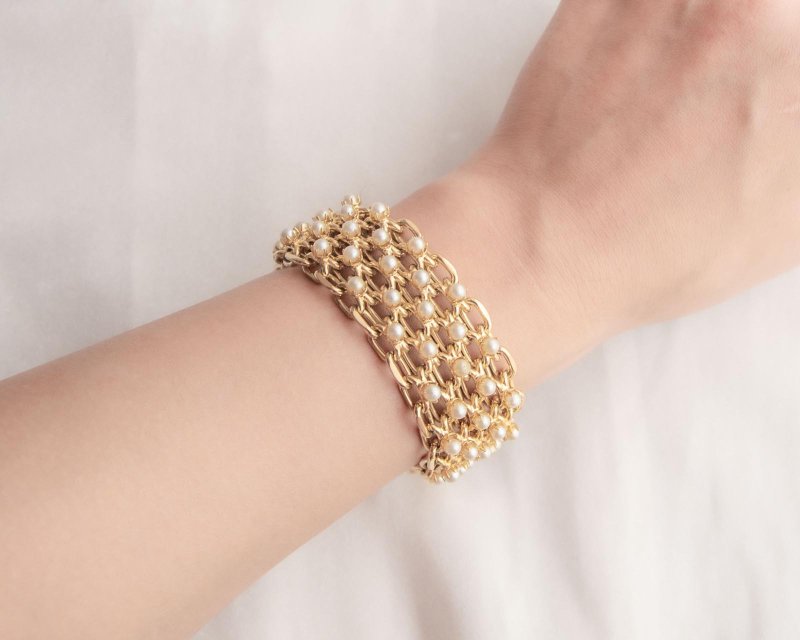 美國古董 特殊多排鎖鍊設計滿鑲仿珍珠 鍍金手鍊 - 手鍊/手環 - 其他金屬 金色