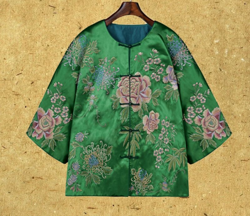 Qingwu New Chinese Retro Xiangyunsha National Style Top - เสื้อผู้หญิง - ผ้าไหม สีเขียว