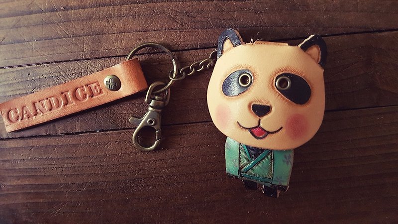 Come to the hot spring shy cat bear pure leather key ring - can be lettering (lover, birthday gift) - ที่ห้อยกุญแจ - หนังแท้ สีส้ม