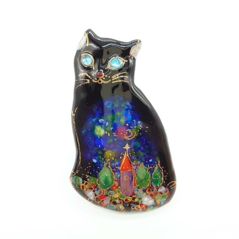 Night strolling cat - black cat - cloisonne brooch - Brooches - Other Metals Black