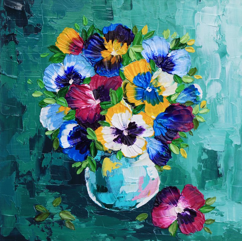 Pansy Painting Floral Original Art Impasro Artwork Small Oil Painting 25 by 25cm - 海報/掛畫/掛布 - 其他材質 多色
