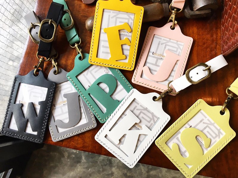 Initial letters A to Z letter luggage tags sewn leather material bag handmade bag luggage tag - ที่ใส่บัตรคล้องคอ - หนังแท้ สีเหลือง