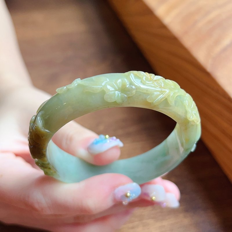 Double color jade carved bracelet | 17 girth | Natural Burmese jade jade A grade | Gift giving - สร้อยข้อมือ - หยก หลากหลายสี