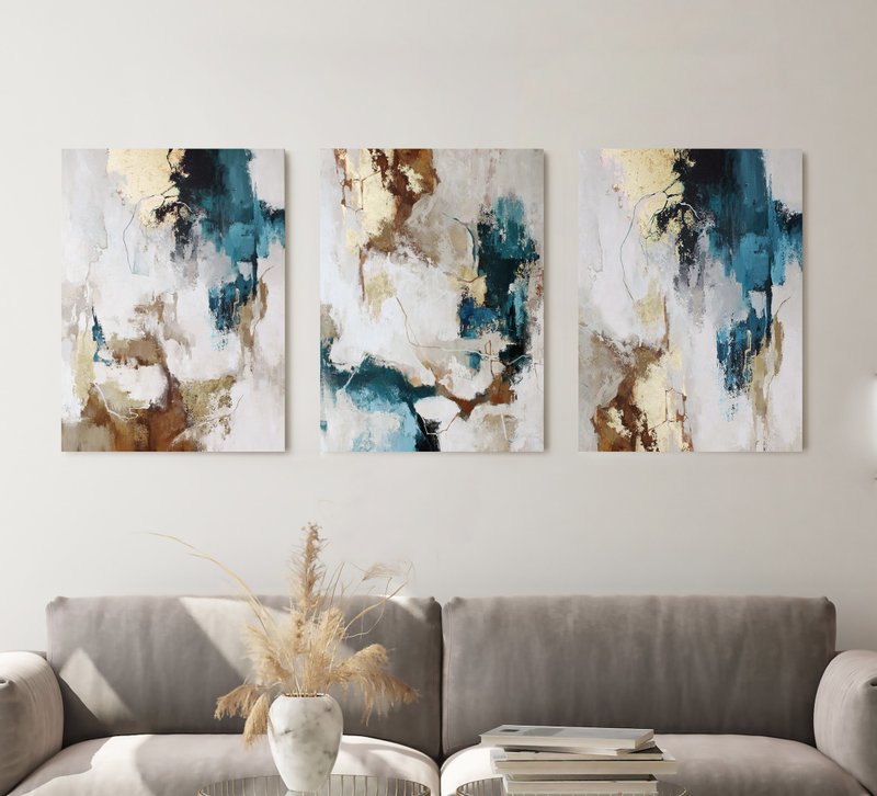 Blue and Gold Painting | Triptych Wall Art Abstract | Flux Set of 3 - 壁貼/牆壁裝飾 - 棉．麻 藍色