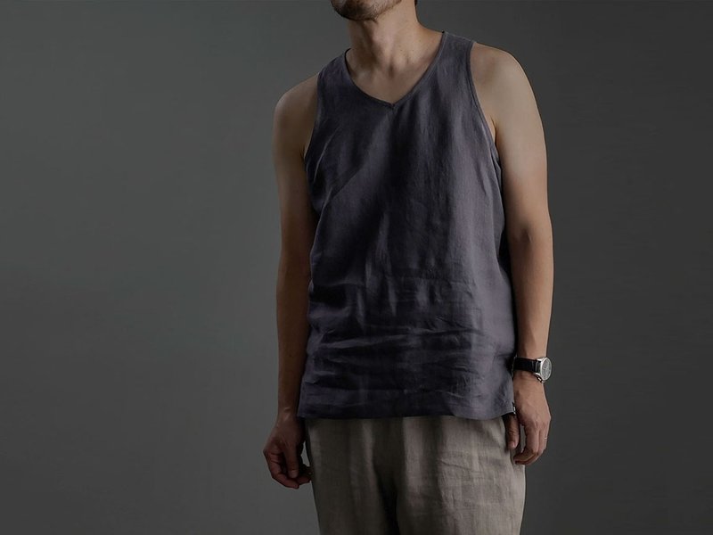 wafu - 亞麻 背心 Linen Tank Top / Ink Black p004g-smi1 - 女上衣/長袖上衣 - 亞麻 灰色