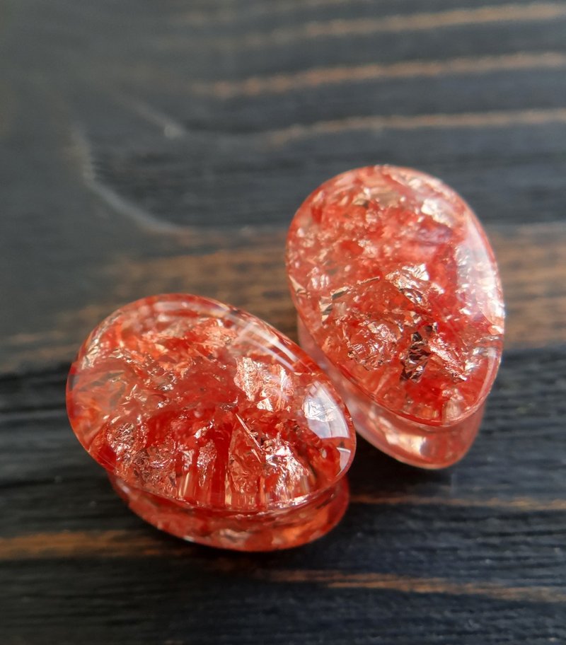 Rose plugs earring 2g 0g 00g gauges flakes Iridescent Teardrop Resin - 耳環/耳夾/耳骨夾 - 玫瑰金 粉紅色