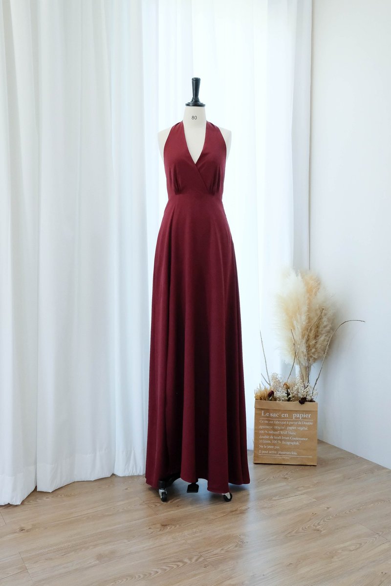 Burgundy backless halter bridesmaid maxi dress Cocktail Prom Party Red dress - 洋裝/連身裙 - 聚酯纖維 紅色