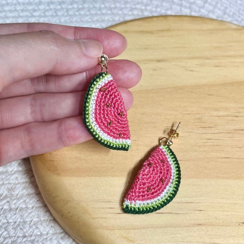 Watermelon watermelon crochet earrings Clip-On ear hook summer fruit custom gift - ต่างหู - ผ้าฝ้าย/ผ้าลินิน หลากหลายสี