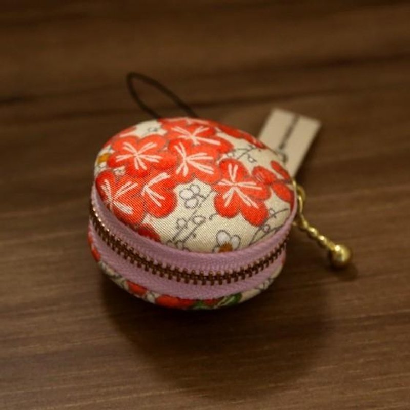 Fluffy maiden plum pattern Kimono macaroon case (round shape) - Coin Purses - Cotton & Hemp Red