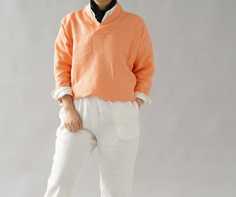 wafu  Linen tops / long sleeve / kimono collar / pink orange  a84-15 - Women's Tops - Cotton & Hemp Orange