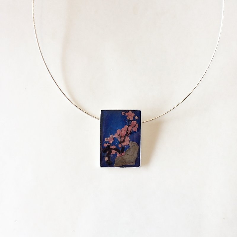 紅梅 銀藝術品吊墜Pendant+Necklace/925 Silver/Jewelry/Unique Gift - 項鍊 - 其他金屬 藍色