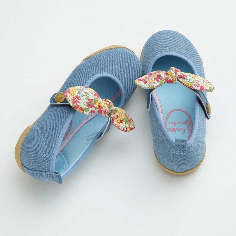 Rachel flower rabbit ear knot denim blue doll shoes - รองเท้าเด็ก - ผ้าฝ้าย/ผ้าลินิน สีน้ำเงิน