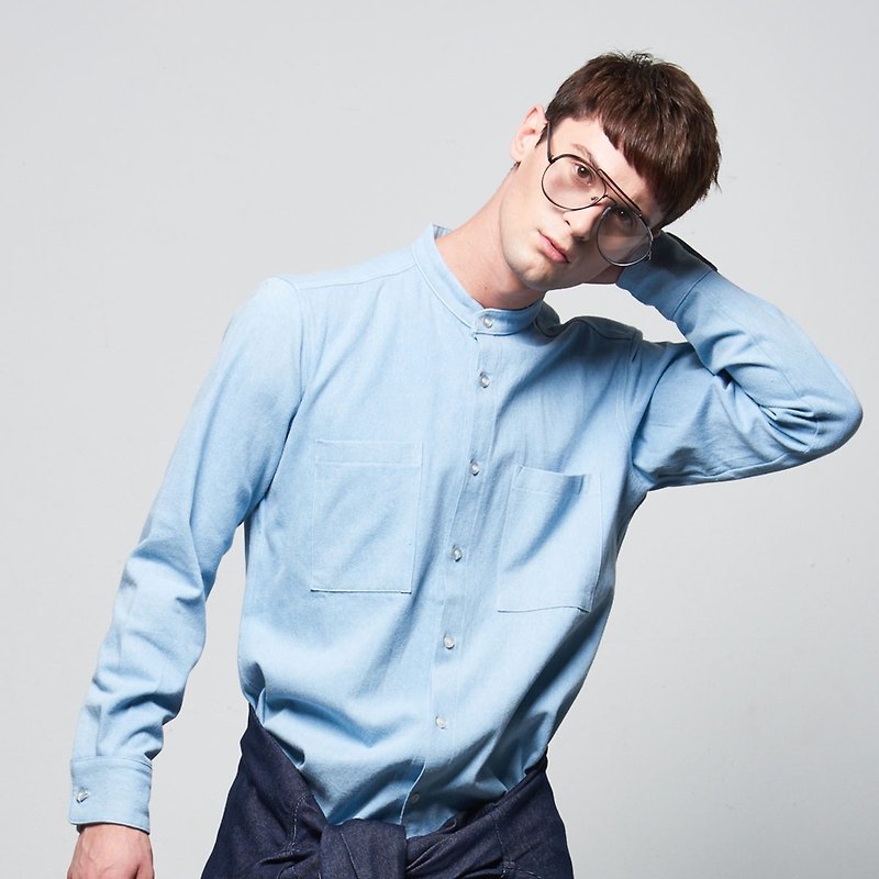 Stone@s Denim Shirt / 單寧 牛仔 立領 罩衫 襯衫 - 男裝 恤衫 - 棉．麻 藍色