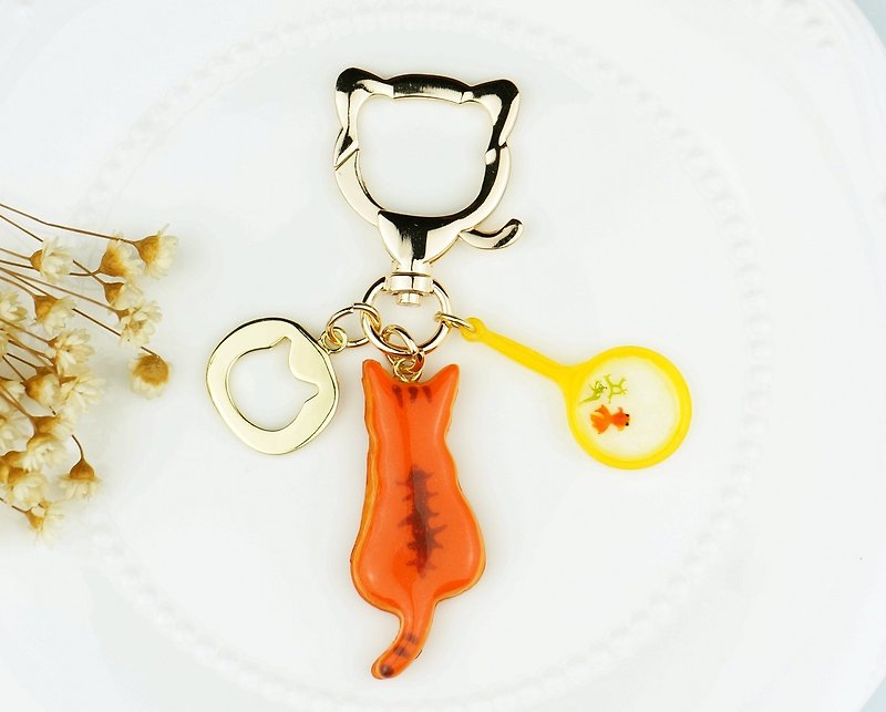 貓兒撈金魚~仿真糖霜餅乾掛飾 / 鑰匙圈 - 鑰匙圈/鎖匙扣 - 黏土 橘色