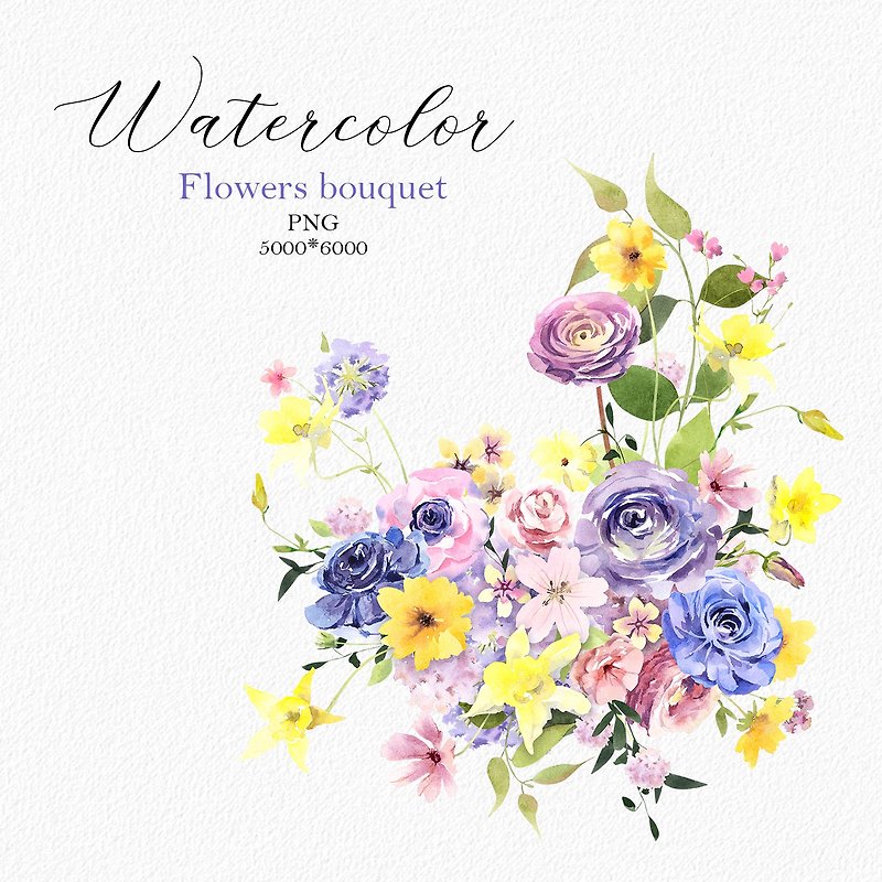 Watercolor delicate lilac yellow flowers bouquet, PNG Digital file - Illustration, Painting & Calligraphy - Other Materials 