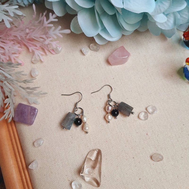 J024-Natural Stone Bead Earrings Gray Moonlight + Gold Stone+ Pearl - ต่างหู - เครื่องประดับพลอย สีน้ำเงิน