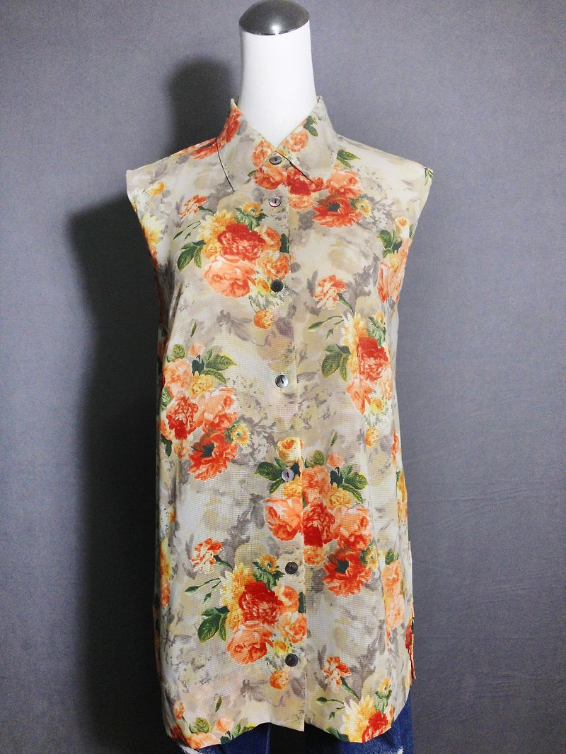 Ping-pong vintage [vintage shirt / sleeveless chiffon flowers textured vintage shirt] abroad back VINTAGE - เสื้อเชิ้ตผู้หญิง - เส้นใยสังเคราะห์ หลากหลายสี
