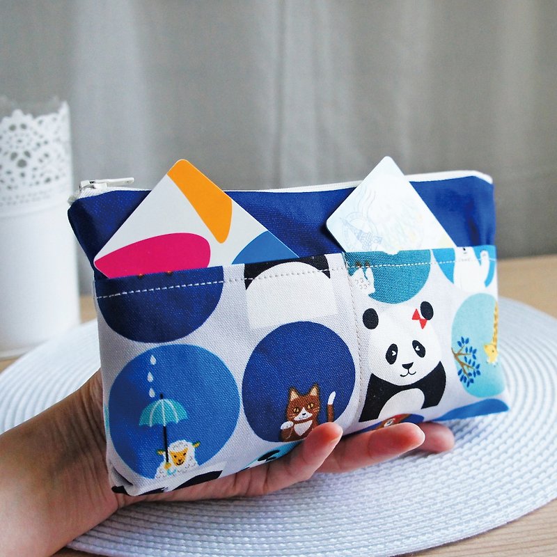 Lovely【日本布訂製】熊貓與動物多分隔筆袋、工具袋、藍 - 鉛筆盒/筆袋 - 棉．麻 藍色