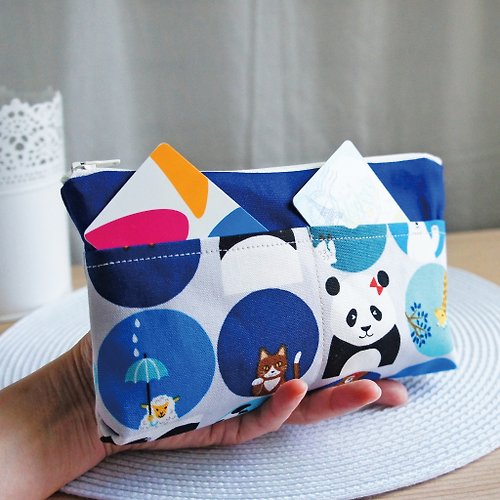 Lovely 樂芙妮 Lovely【日本布訂製】熊貓與動物多分隔筆袋、工具袋、藍