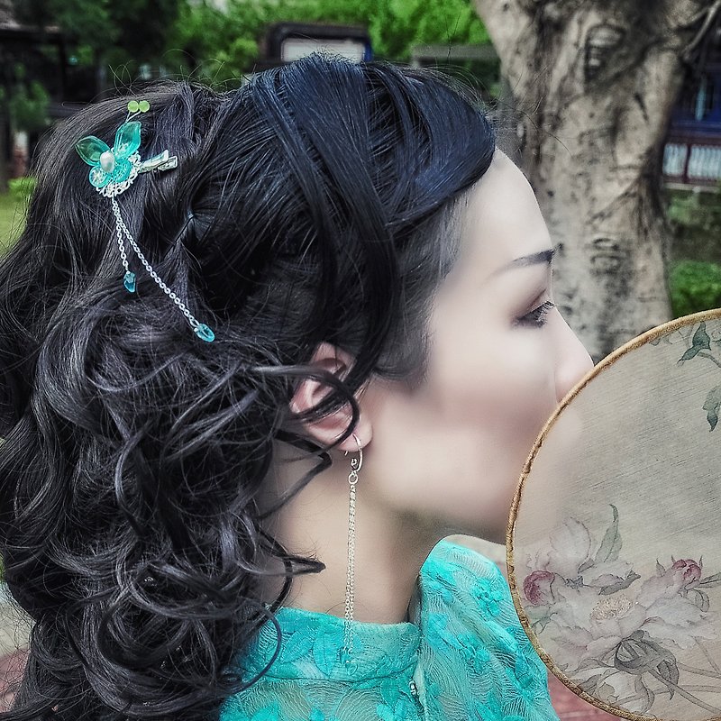 Zhuang Zhou Hairpin/Small Hairpin Pair (Green + Gold Powder) - Hair Accessories - Copper & Brass Green
