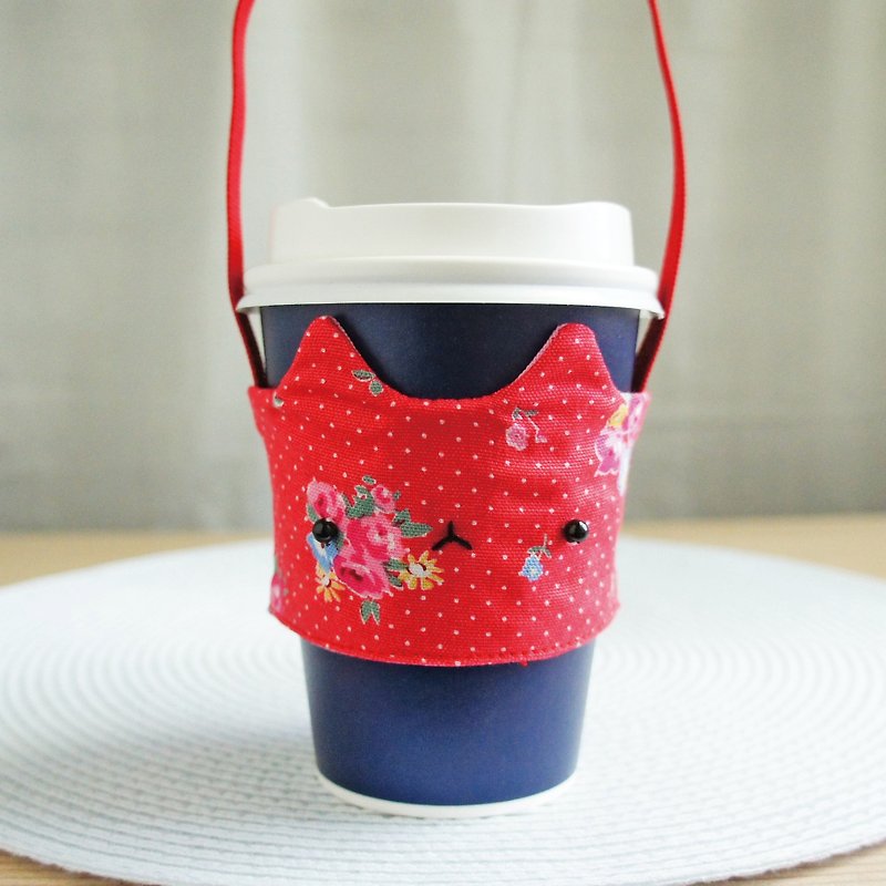 Lovely [Japanese cloth] rose cat drink cup bag, cat drink cup set [red background with white dots] - Beverage Holders & Bags - Cotton & Hemp Red