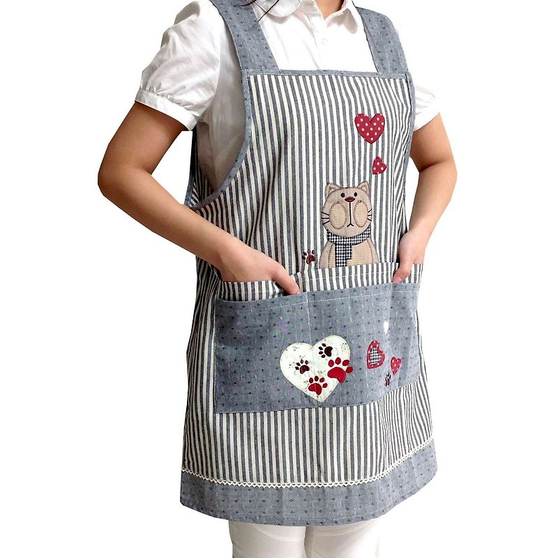 [BEAR BOY] Japanese style six-pocket scarf cat apron-gray blue - ผ้ากันเปื้อน - วัสดุอื่นๆ 