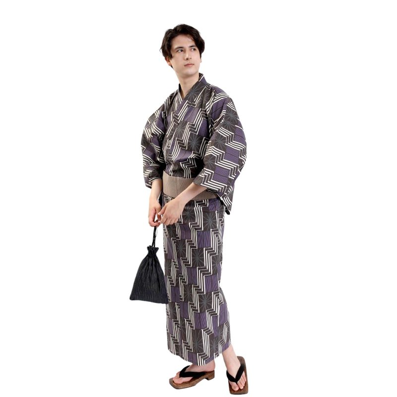 Men's Cotton Yukata and Obi Set, Sizes S, M, L - Z32-10C yukata - อื่นๆ - ผ้าฝ้าย/ผ้าลินิน สีกากี
