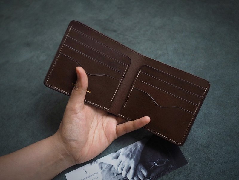 手縫い牛革 多機能カードポケット付き二つ折り財布 カラー・スタイルオーダーメイド可能 刻印ギフト - 財布 - 革 ブラウン