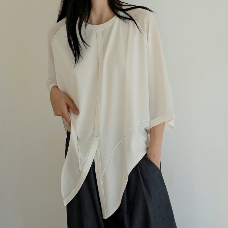 Chiffon Sleeve Patchwork - Button-Down Short-Sleeve Top - White - เสื้อผู้หญิง - ไนลอน ขาว