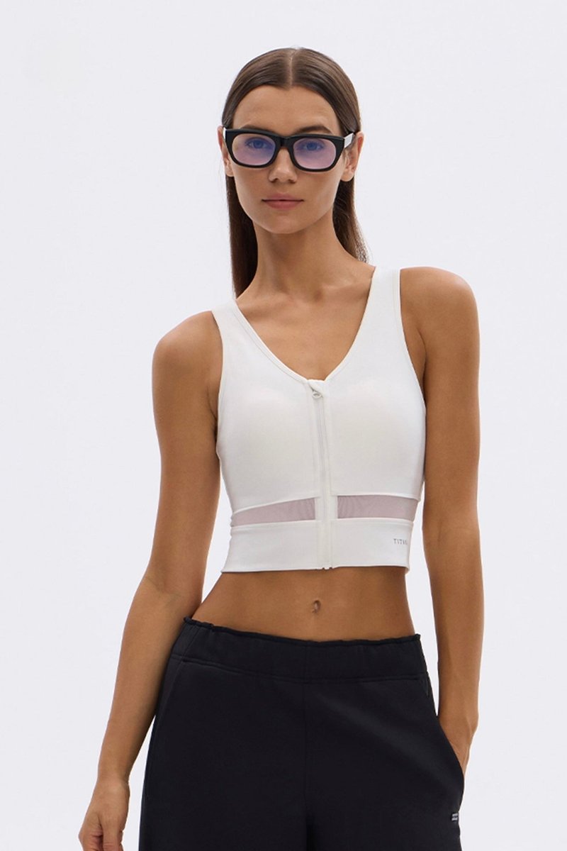 Sinea Front Zip Tank - 運動內衣 - 棉．麻 白色