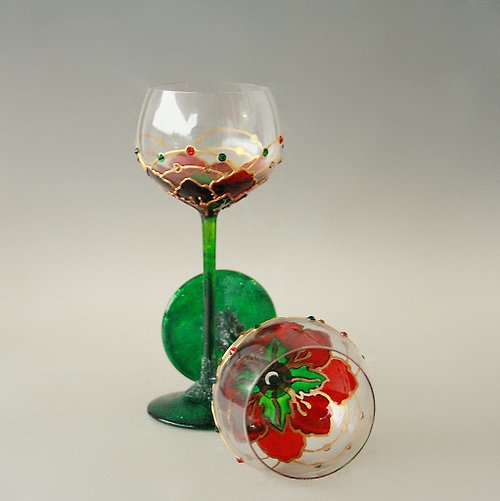 NeA Glass Poppy Poinsettia Aperitif Glasses, Grappa Liqueur Sweet Wine, Hand-painted set