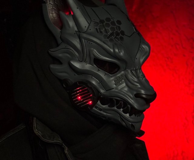 サイバーパンク狐面 グレー ブラック 日本の狐面 狼の未来的なマスク