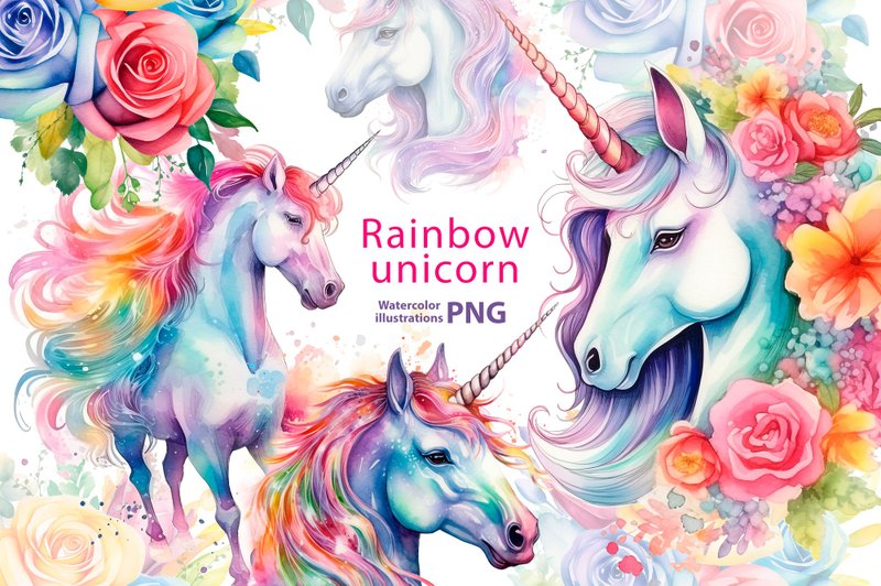 Watercolor rainbow unicorn clipart set, 10 Png, rainbow Horses and flowers png - 電子手帳及素材 - 其他材質 