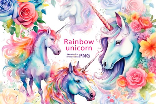 Natali Mias Store Watercolor rainbow unicorn clipart set, 10 Png, rainbow Horses and flowers png